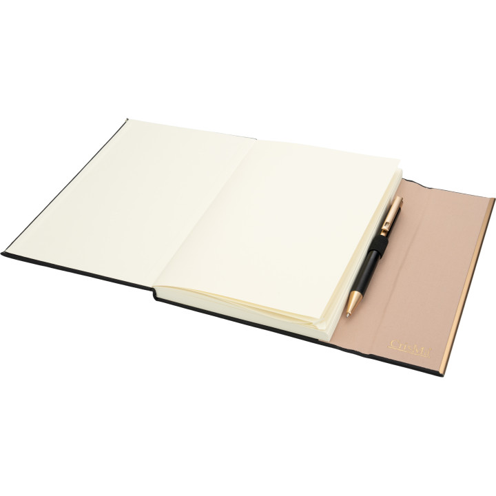 Notatnik A5 ze skóry z recyklingu, w linie z długopisem metalowym CrisMa MAGGIE