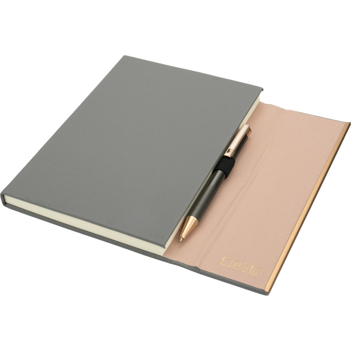 Notatnik A5 ze skóry z recyklingu, w linie z długopisem metalowym CrisMa MAGGIE