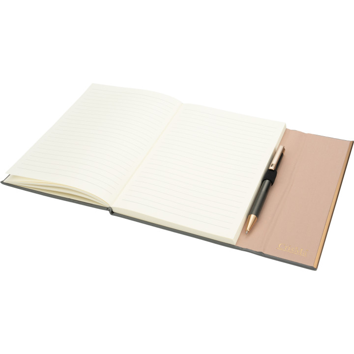 Notatnik A5 ze skóry z recyklingu, w linie z długopisem metalowym CrisMa MAGGIE