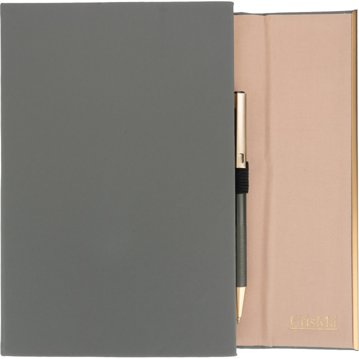 Notatnik A5 ze skóry z recyklingu, w linie z długopisem metalowym CrisMa MAGGIE